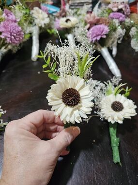 Cream Sola Wood  Daisy Boutonniere with Greenery - (6)